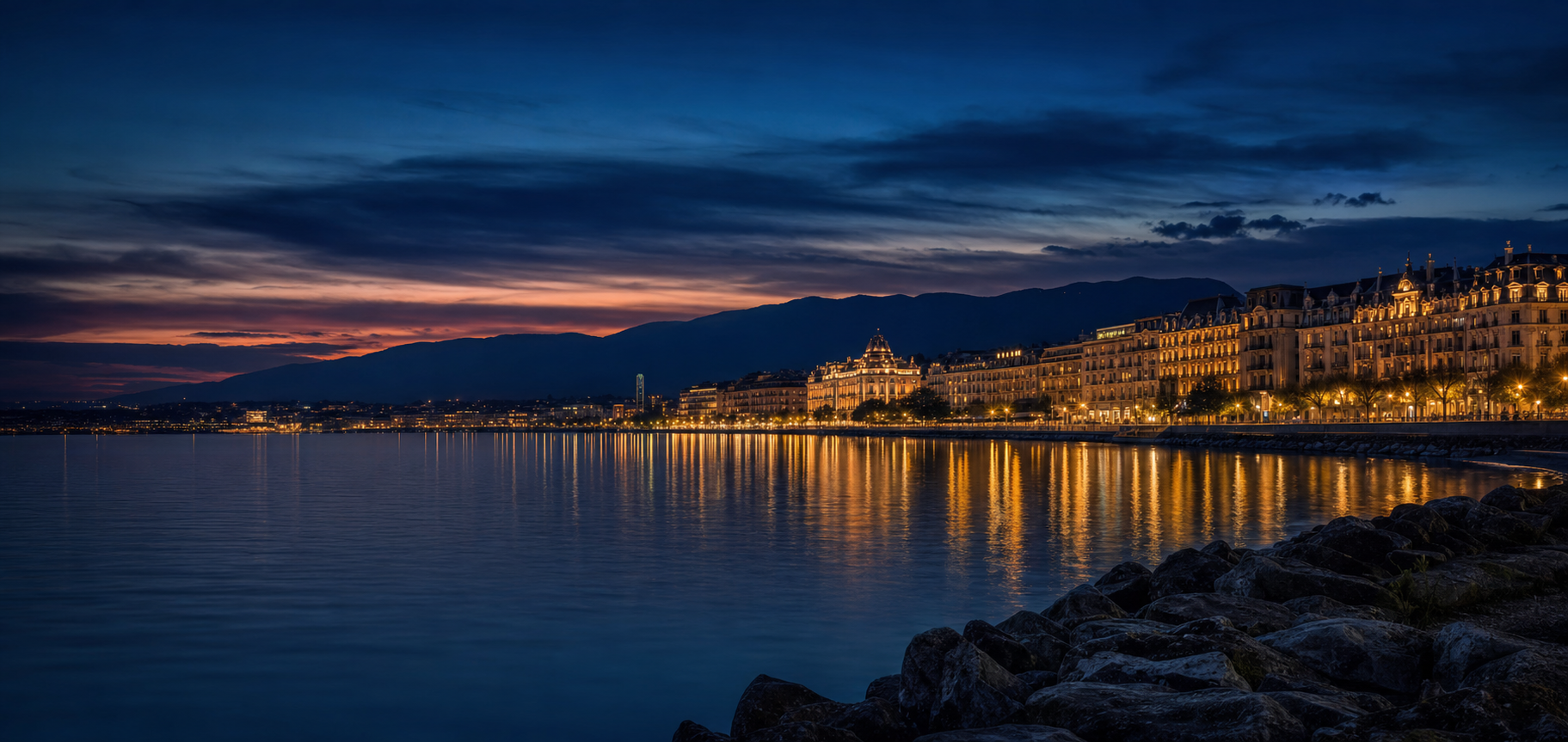 Genève au crépuscule, vue depuis le Lac Léman