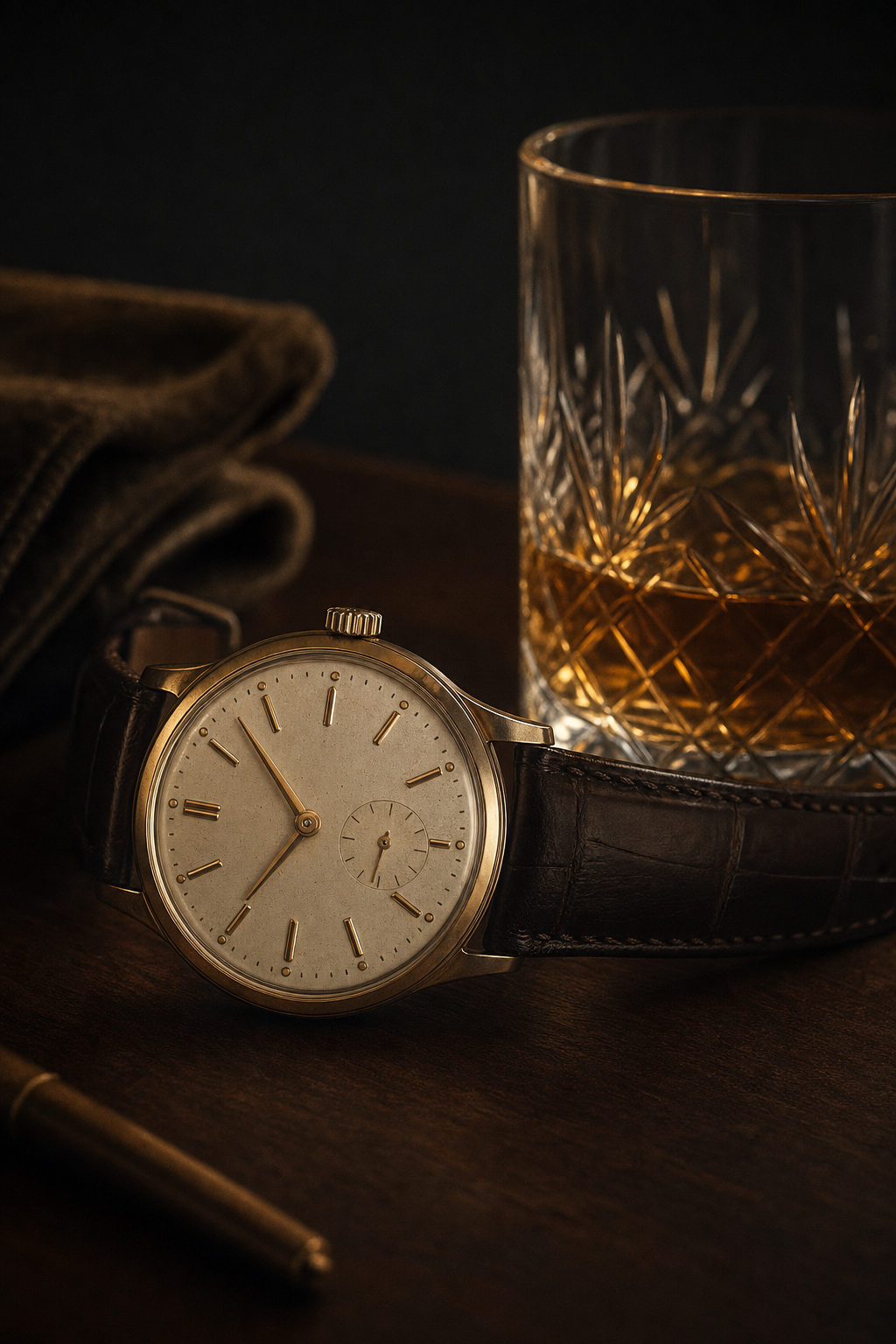 Détail d'horlogerie suisse — montre or et cristal sur bois noble